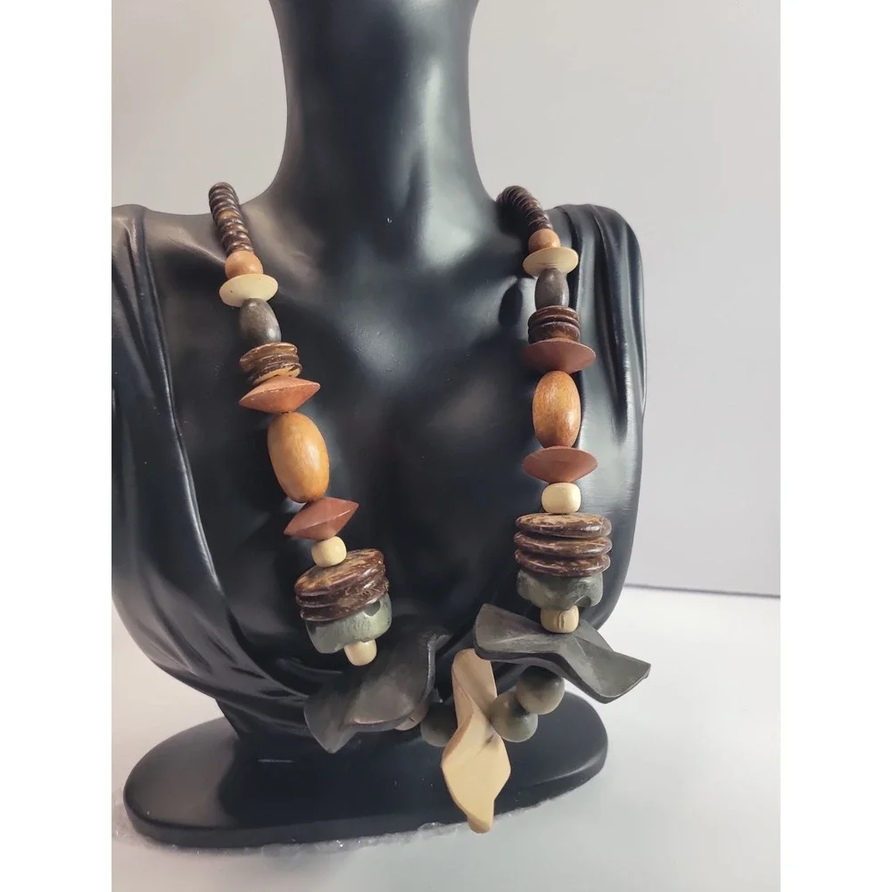 Earth Tone Chunky Statement Necklace Brown Orange Gray Beaded Boho Artisan Style